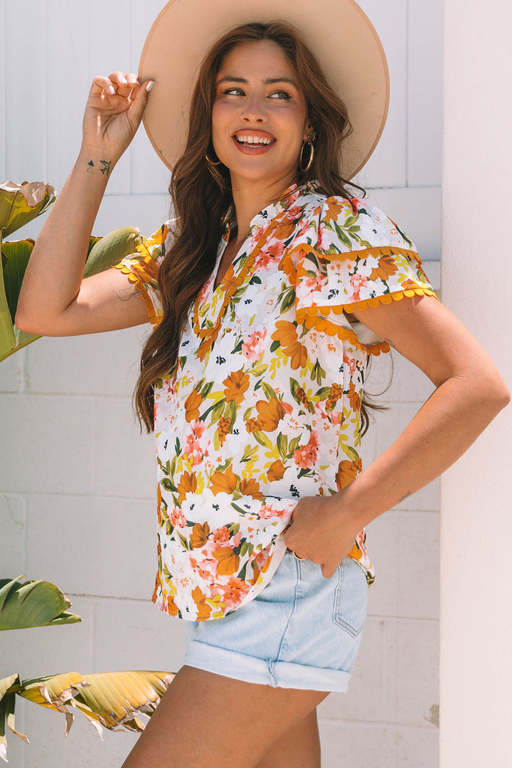 Ruffled V Neck Scalloped Short Sleeve Floral Blouse