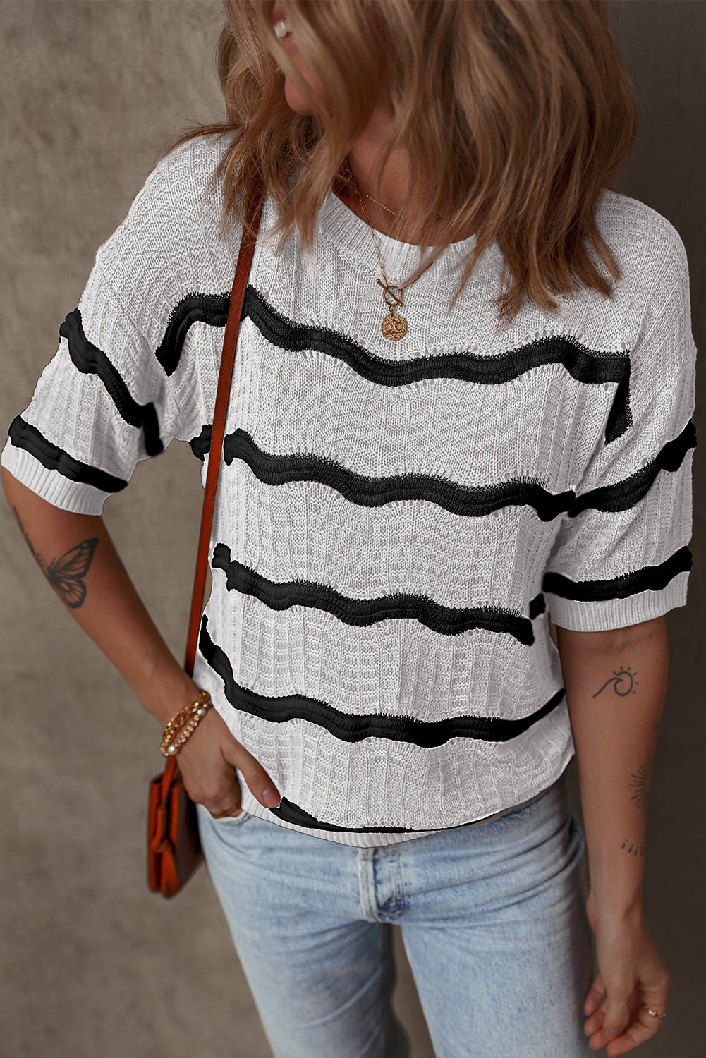 Wavy Textured Knit Half Sleeve Loose Sweater
