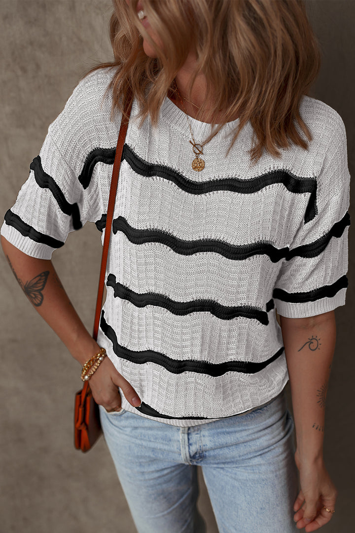 Wavy Textured Knit Half Sleeve Loose Sweater