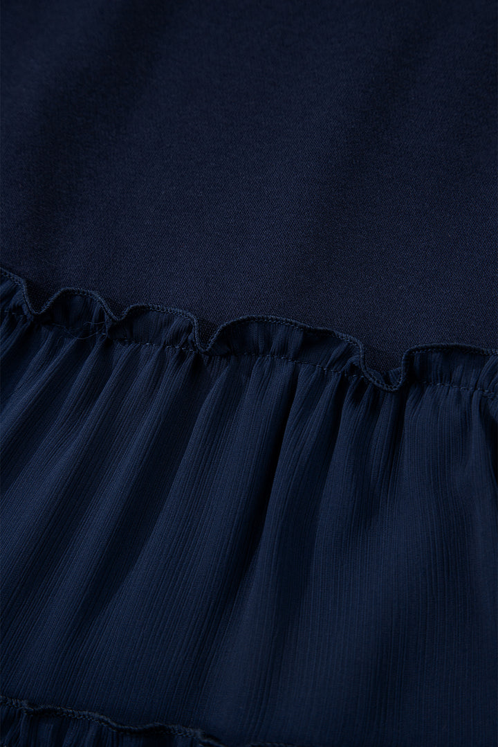 Navy Blue Tiered Ruffle Ribbed Crew Neck Pullover Plus Size Top