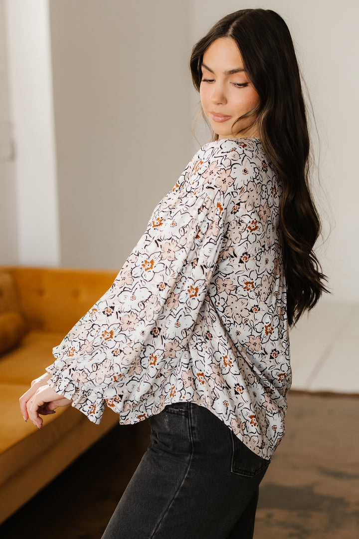 Bold Floral Print Frilled Puff Sleeve Button Down Shirt