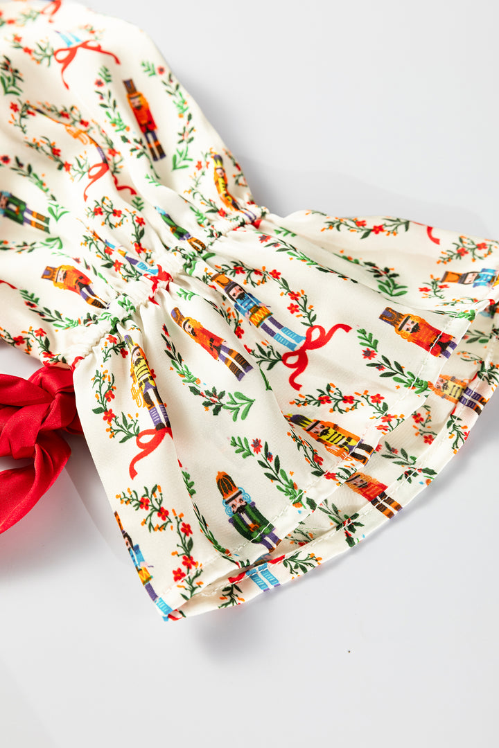 Beige Nutcracker Print Contrast Trim Tied up Bow Silky 2pcs Pajama Set