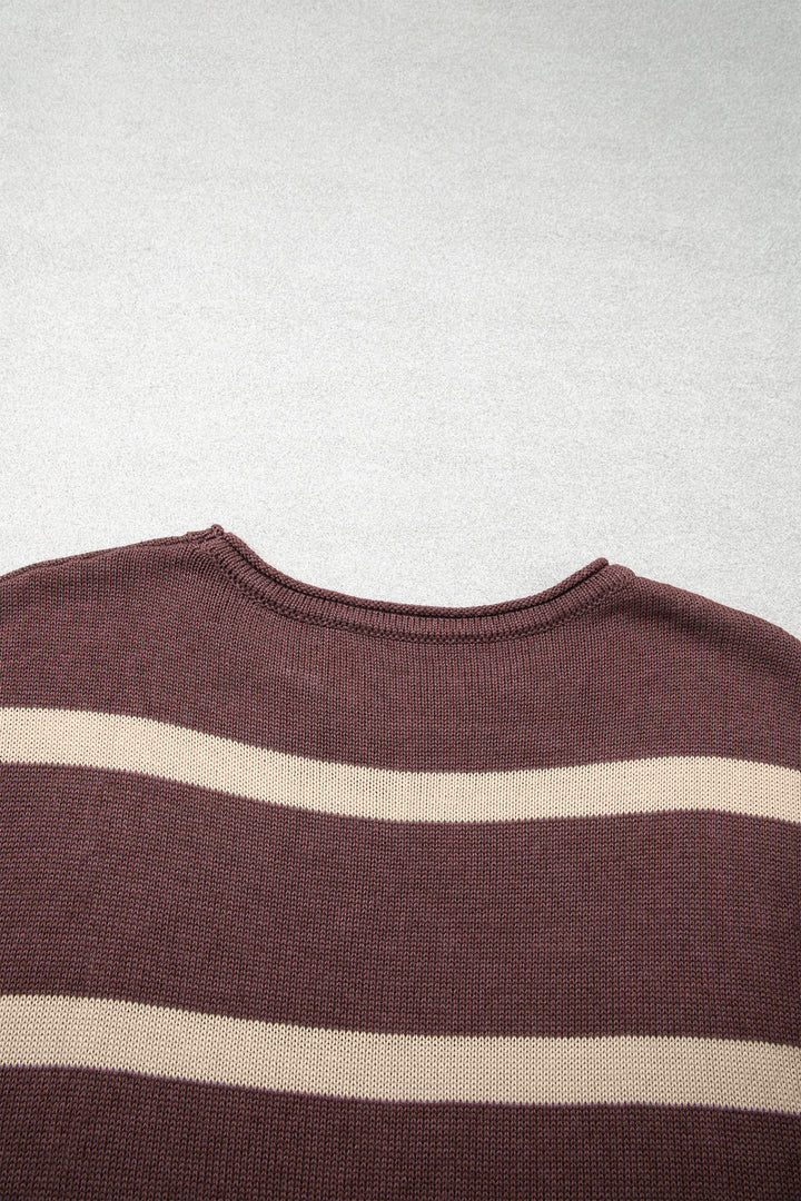 Brown Stripe Knit Western Short Sleeve Sweater