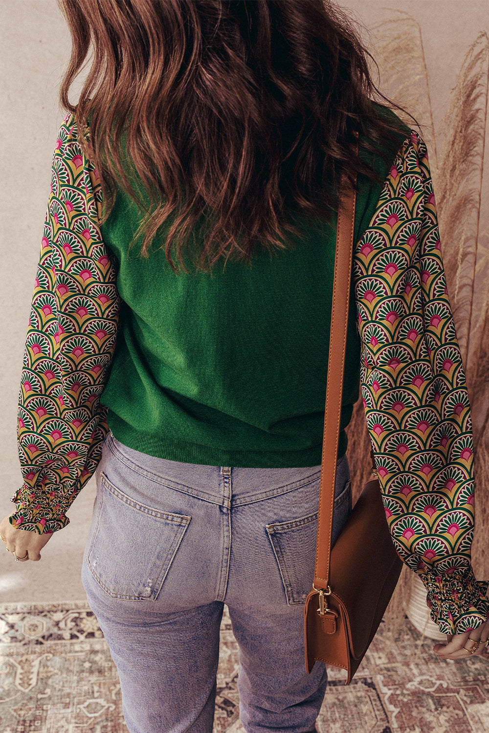 Floral Patchwork Shirred Cuff Puff Sleeve Sweater