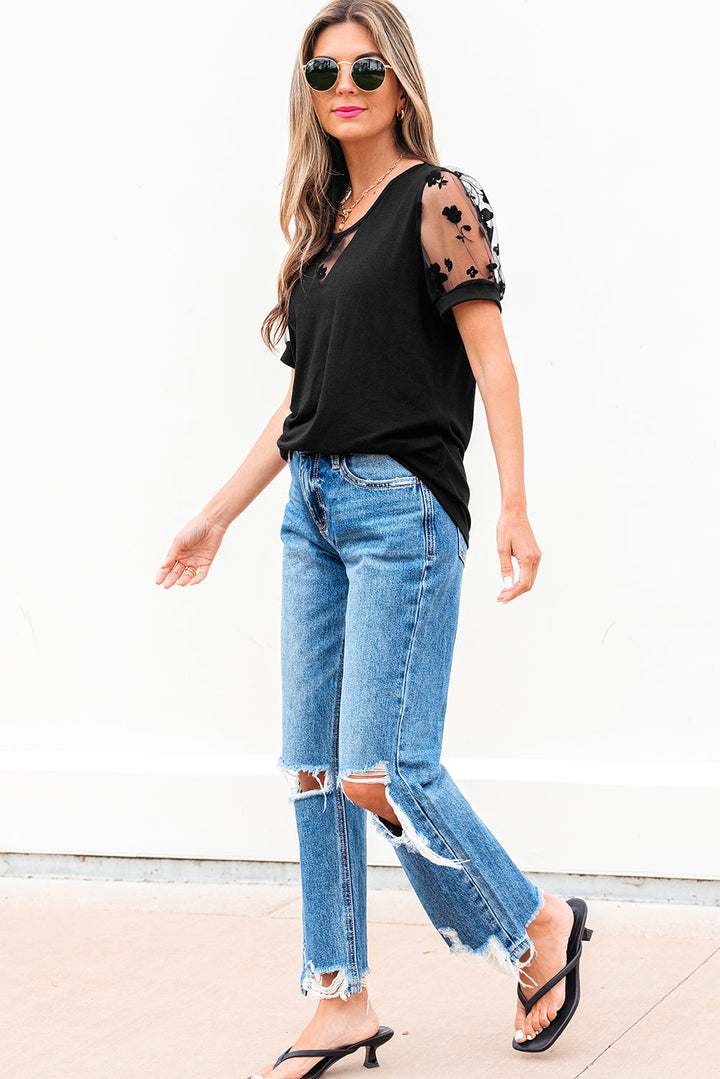 flora lace patchwork crew neck t shirt