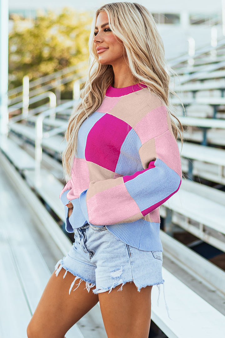 Color Block Drop Shoulder Crewneck Loose Fit Sweater