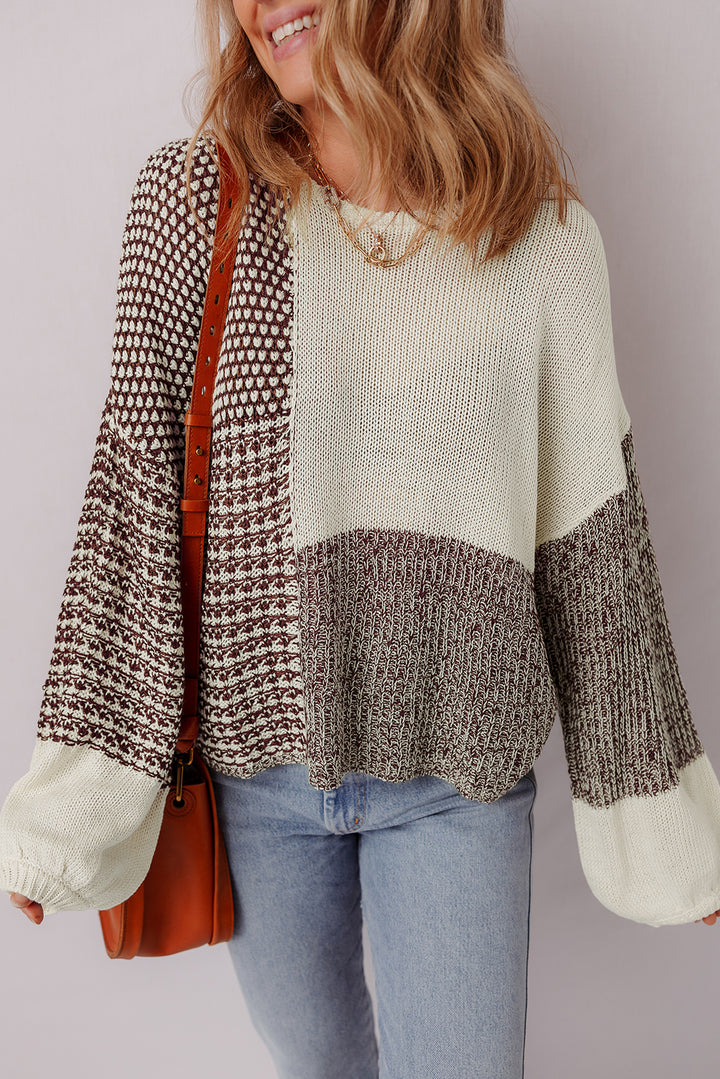 Color Block Back Tie Drop Shoulder Loose Sweater