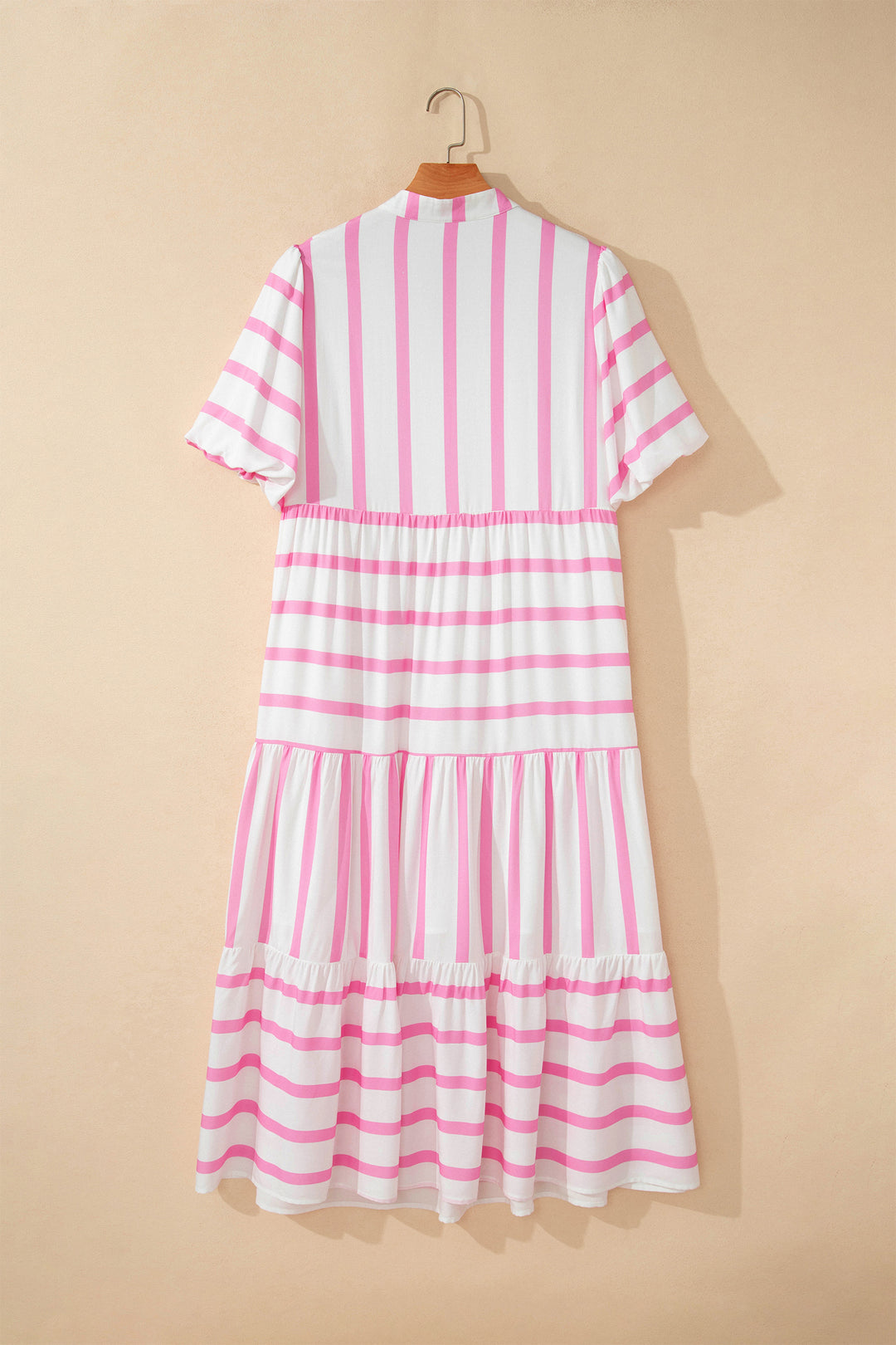 Pink Stripe Plus Size V Neck Short Puff Sleeve Maxi Dress