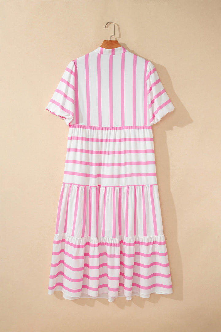 Pink Stripe Plus Size V Neck Short Puff Sleeve Maxi Dress
