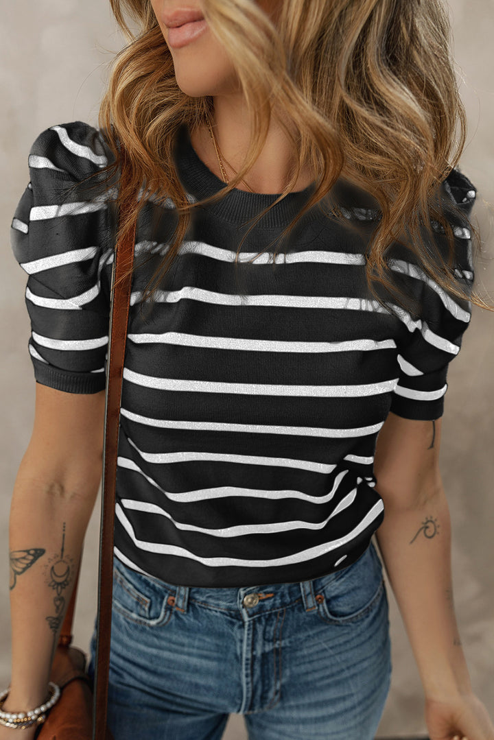 Ribbed Trim Round Neck Bubble Sleeve Knitted Top