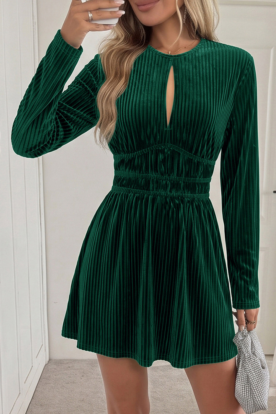 Evergreen Ribbed Velvet Keyhole Long Sleeve Mini Dress