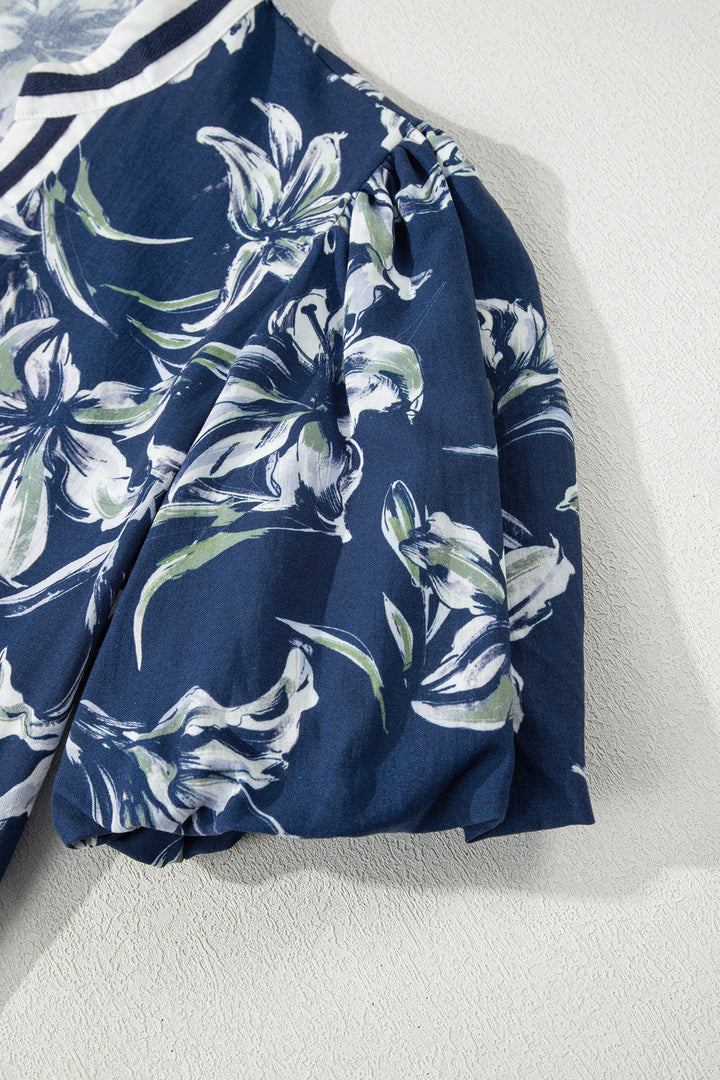Floral Print Short Puff Sleeve Striped Trim V Neck Blouse