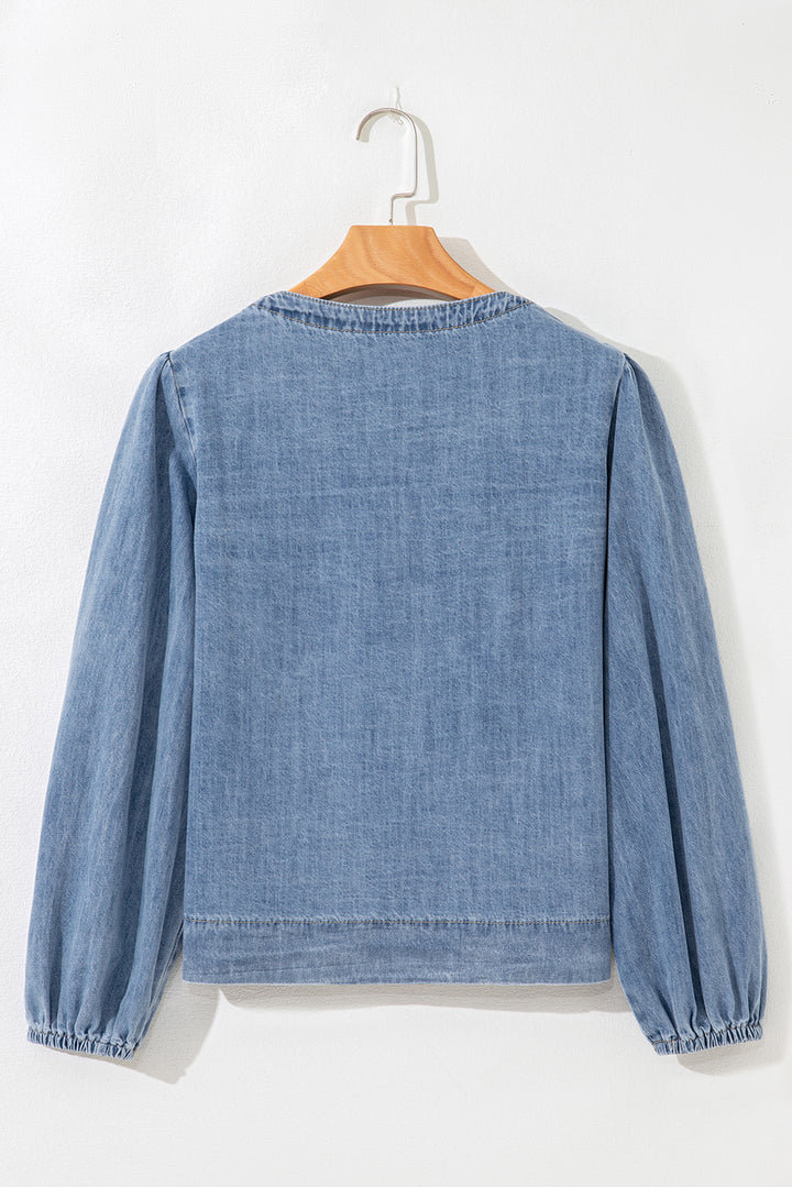 Tied Front Long Puff Sleeve Denim Top
