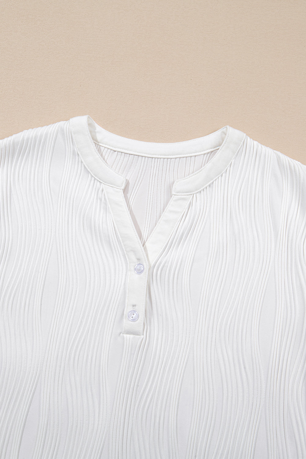 White Wavy Textured Button V Neck Tee