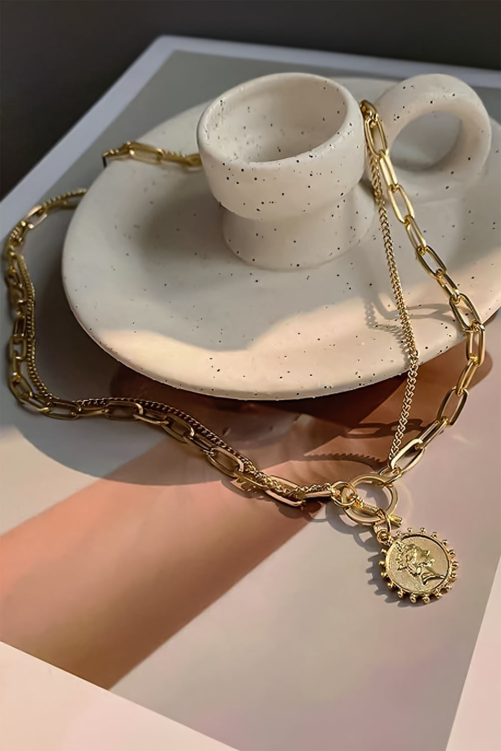 Plated Vintage Carved Coin Pendant Chain Necklace