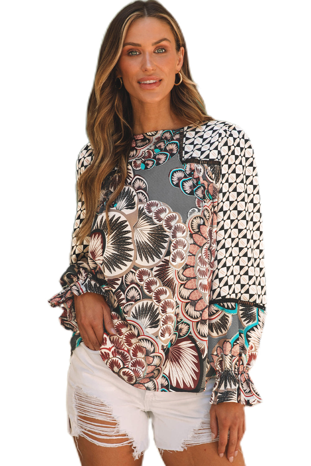 Mixed Floral Geometric Print Ruffled Long Sleeve Blouse