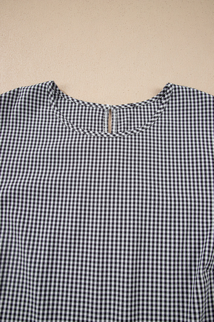 Black Plus Size Plaid Bow Decor Bell Sleeve Round Neck Jumper