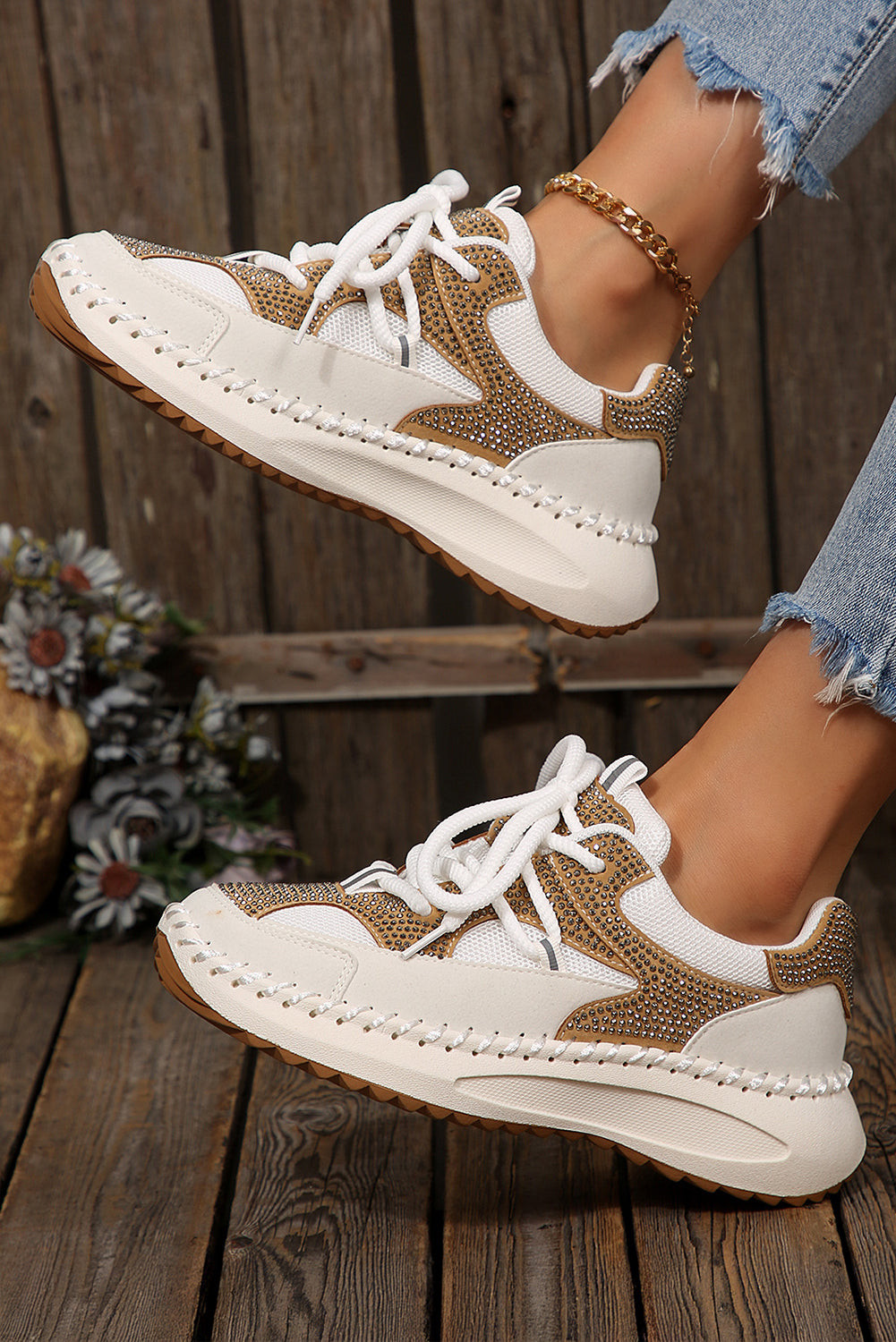 Rhinestone Embellished Color Block Patchwork Lace-up Breathable Sneakers