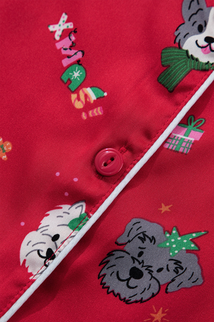 Racing Red Festive Dog Print Short Sleeve Two Piece Lounge Set