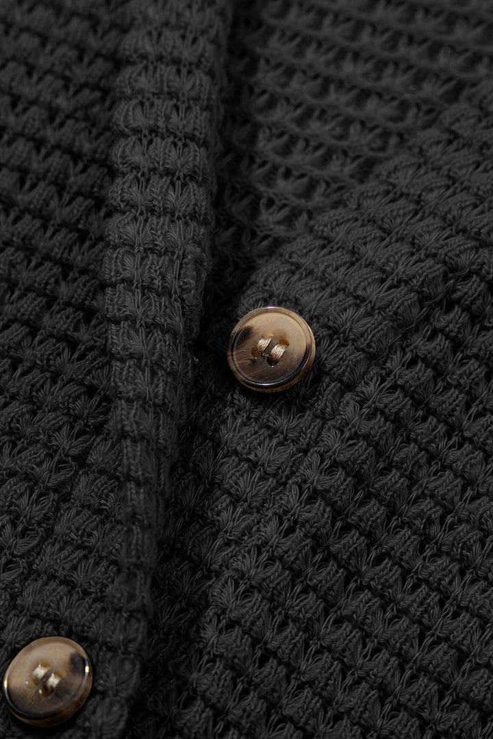 Black Button Notched Neck Waffle Knit Long Sleeve Top