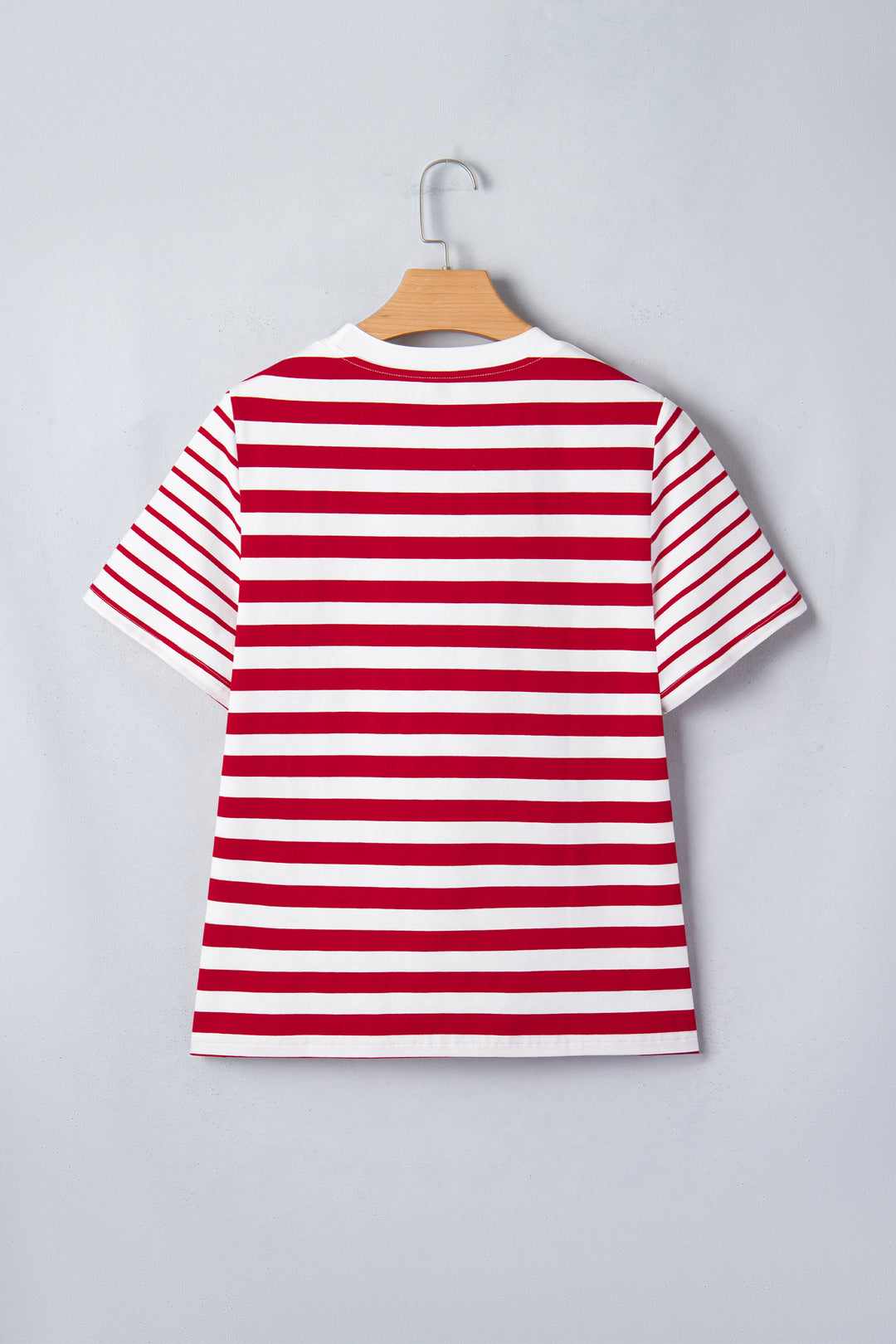 Red Stripe Patchwork Round Neck Short Sleeve T Shirt