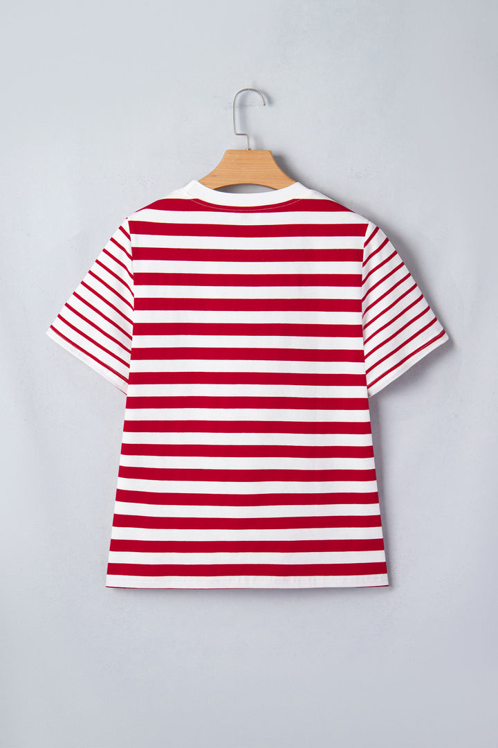 Red Stripe Patchwork Round Neck Short Sleeve T Shirt