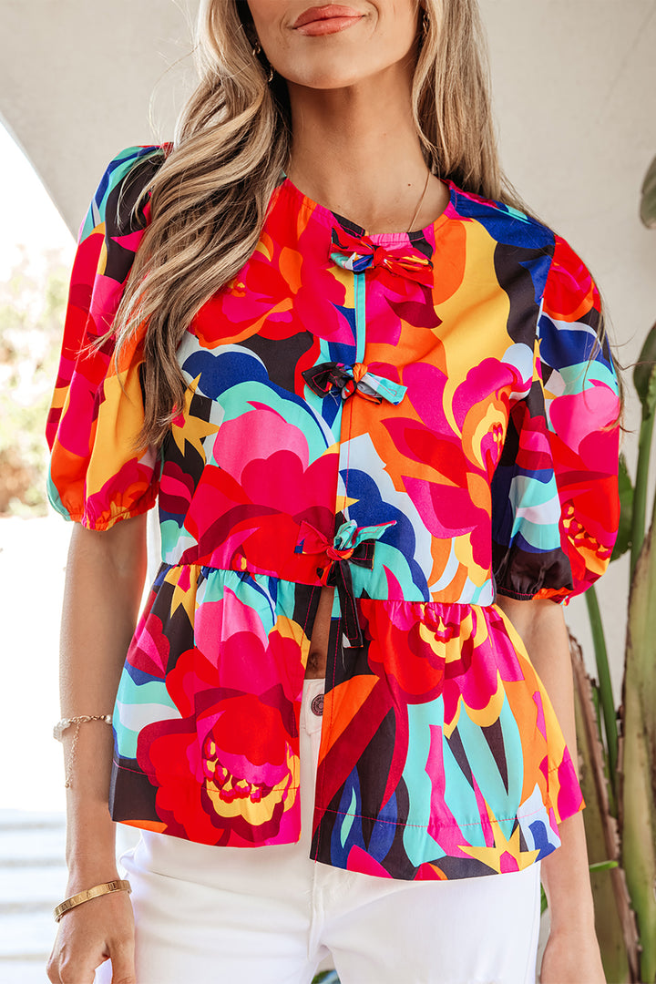 Abstract Floral Print Front Tied Puff Sleeve Babydoll Blouse