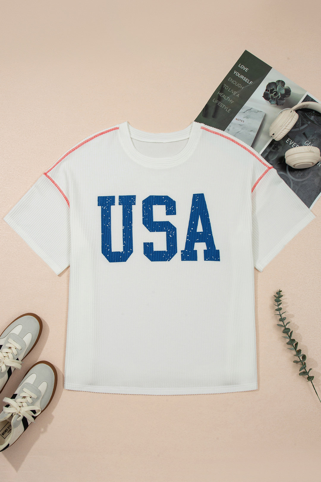 White Plus Size Twisted Rib Vintage USA Letter Printed T Shirt