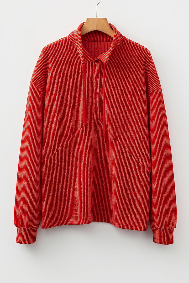 Twist Ribbed Half Button Collared Drawstring Pullover Top