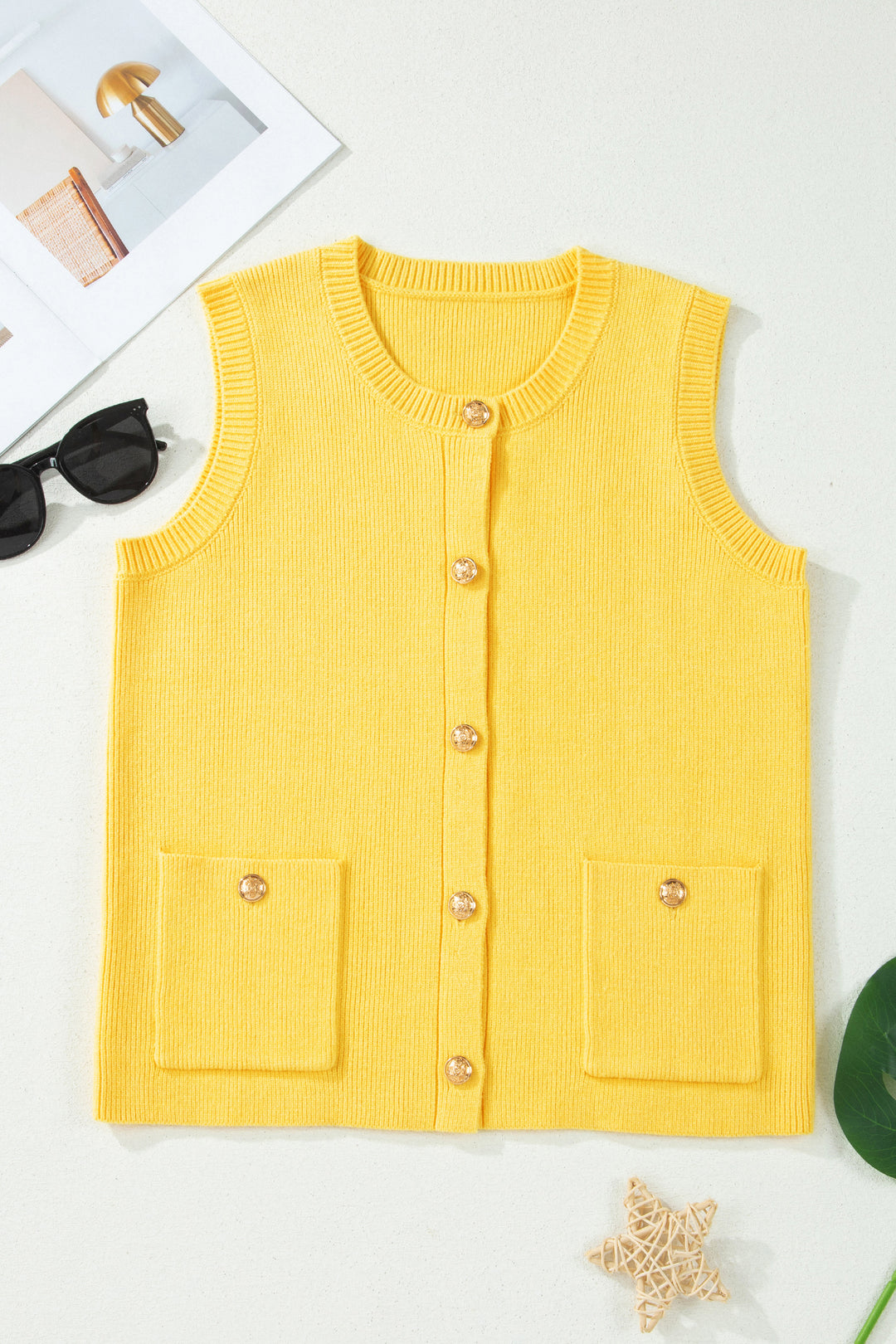 Yellow Cream Solid Color Sleeveless Knit Button Pocketed Sweater