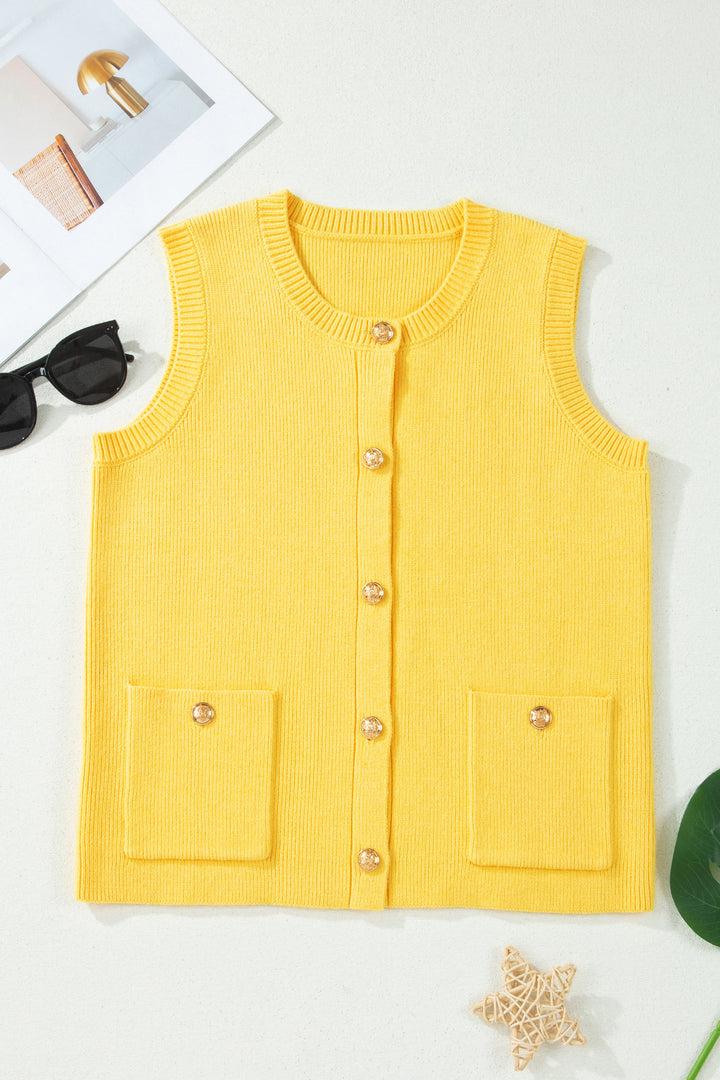 Yellow Cream Solid Color Sleeveless Knit Button Pocketed Sweater
