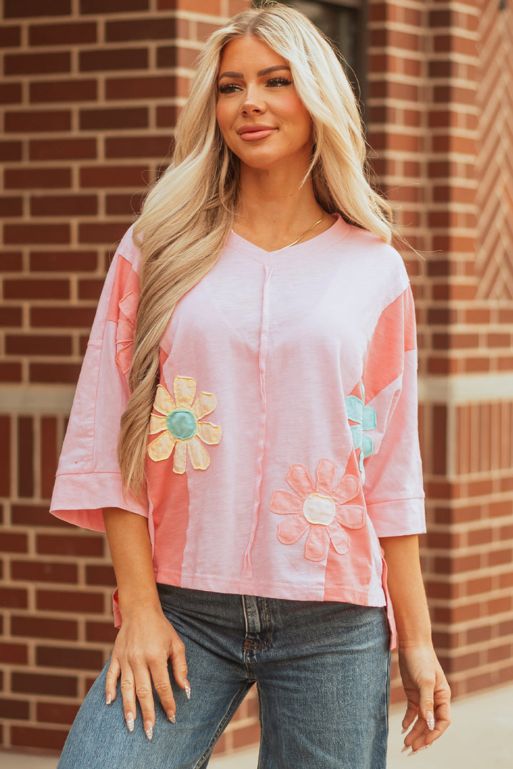 Flower Patched Exposed Seam Bracelet Sleeve Oversized T Shirt