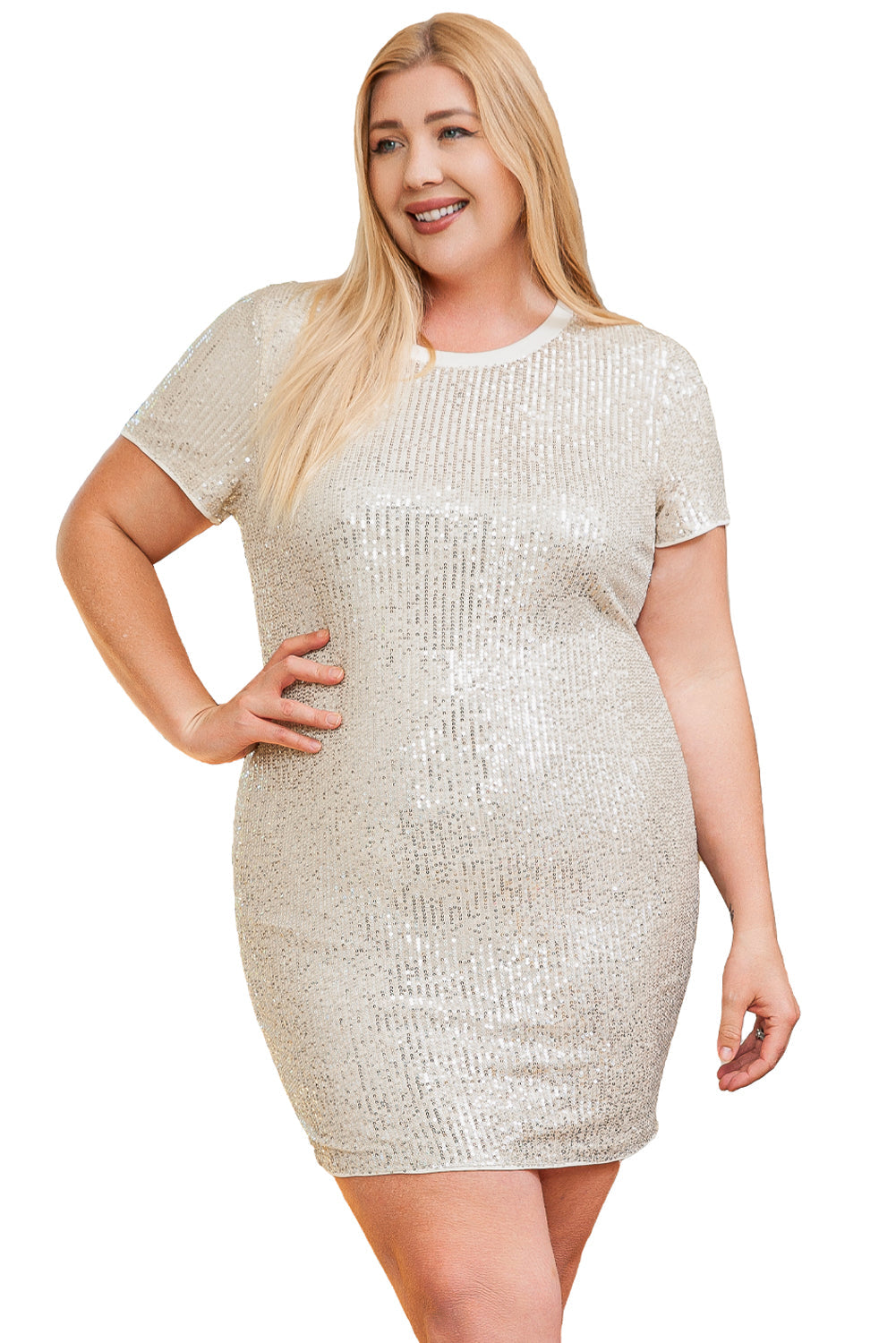 Chic Plus Size Sequin Short Sleeve T-shirt Dress ModeShe Chic Plus Size Sequin Short Sleeve T-shirt Dress ModeShe