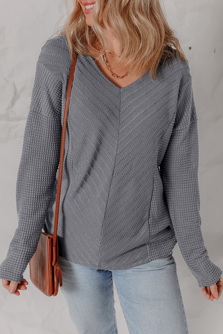 V Neck Chevron Texture Patchwork Long Sleeve Knit Top