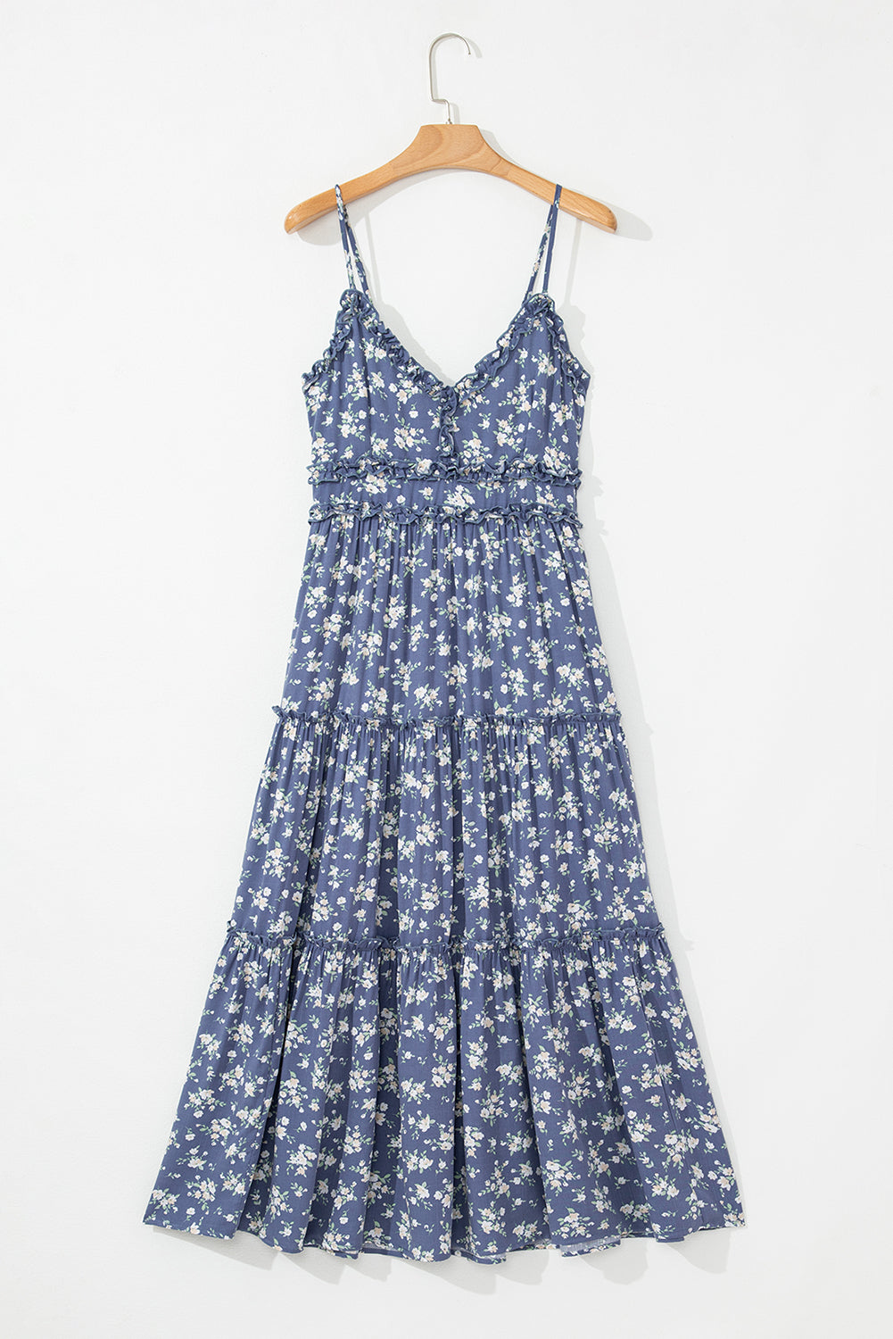 Floral Spaghetti Strap Frilled V Neck Tiered Midi Dress
