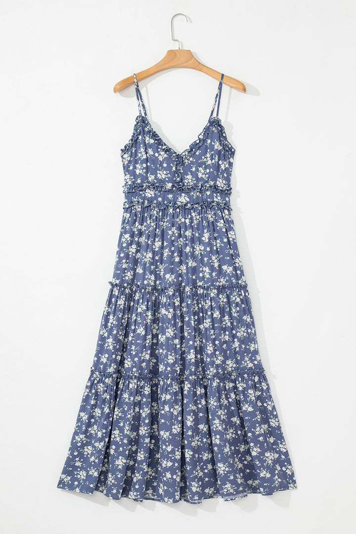 Floral Spaghetti Strap Frilled V Neck Tiered Midi Dress