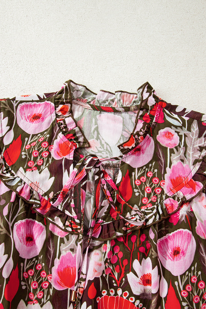 Red Floral Three Quarter Sleeve Lace-up Neck Blouse