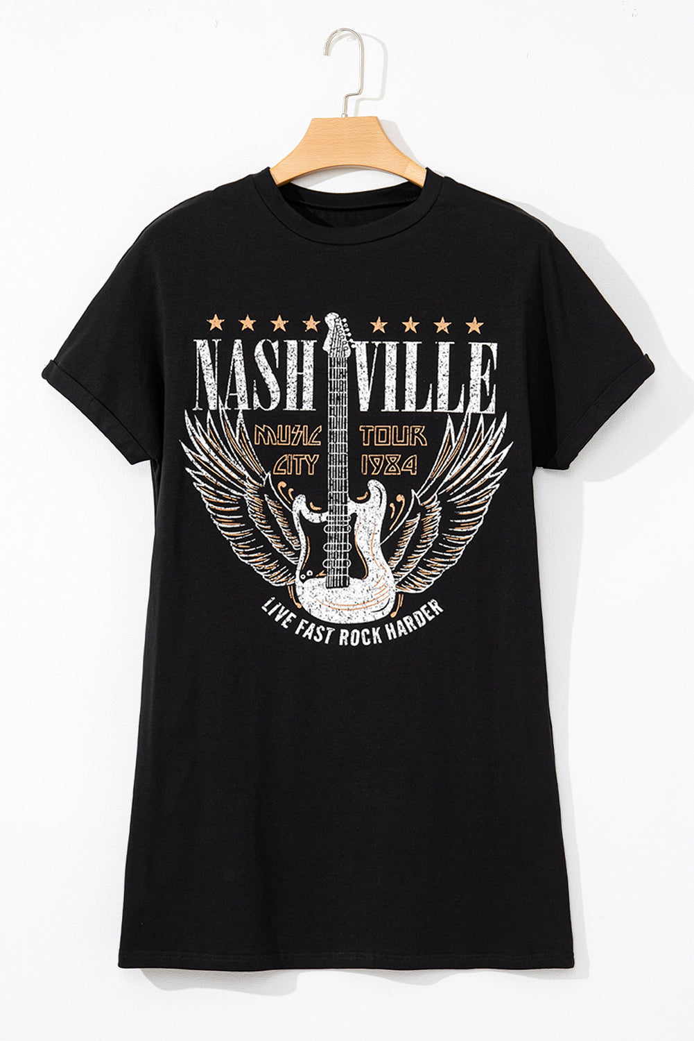 Nashville Guitar Print Crew Neck T Shirt Mini Dress