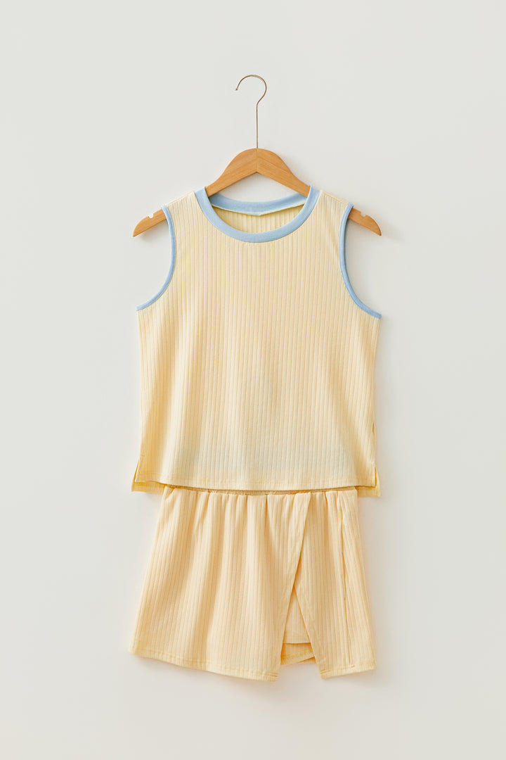 Yellow Contrast Trim Ribbed Tank Split Skort 2pcs Set
