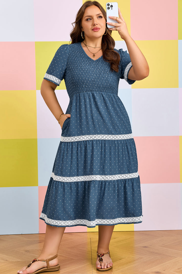 Dusk Blue Plus Size V Neck Swiss Dot Lace Flared Midi Dress
