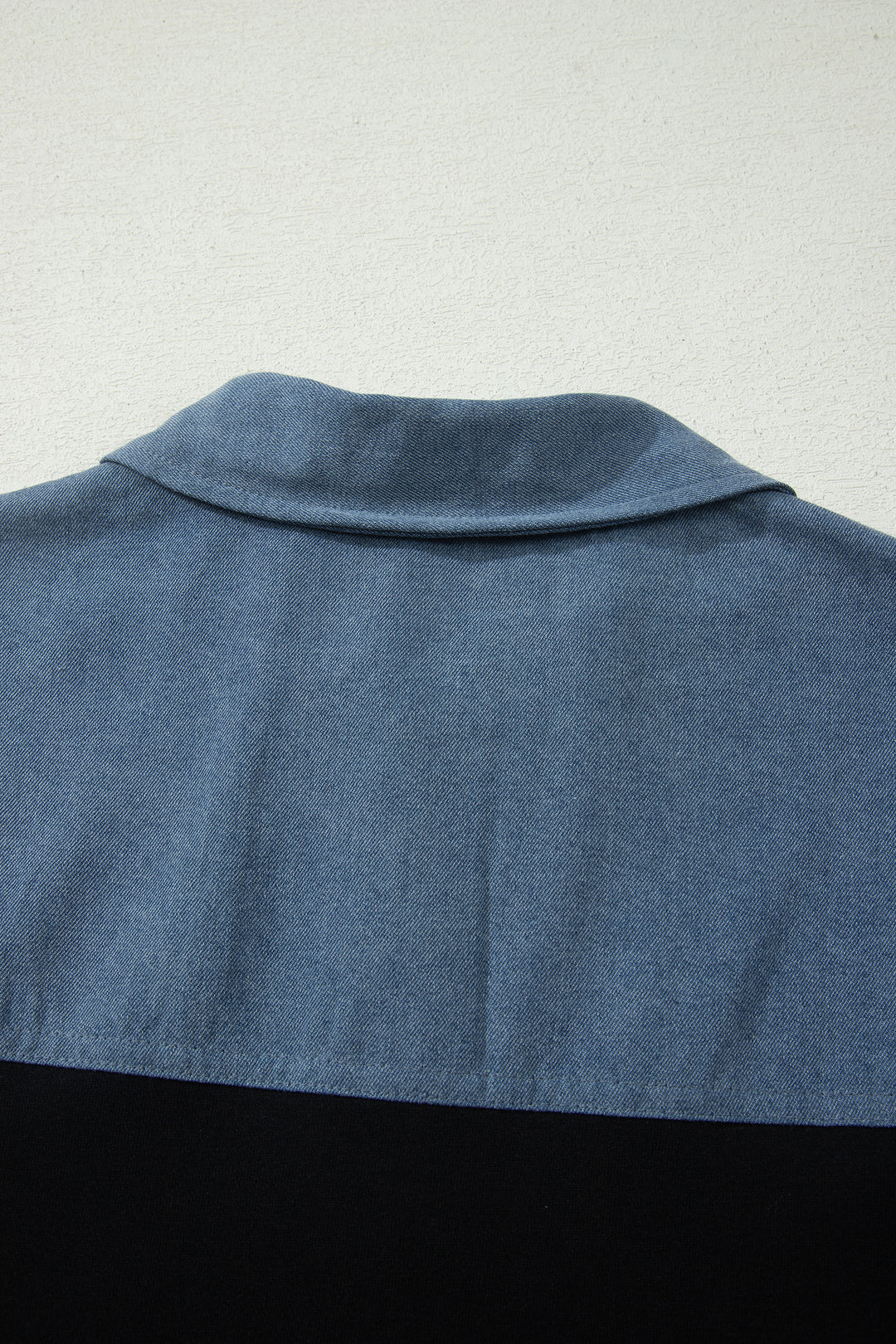 Black Color Block Denim Patchwork Button Polo Collar Short Sleeve Top