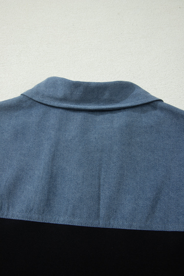 Black Color Block Denim Patchwork Button Polo Collar Short Sleeve Top