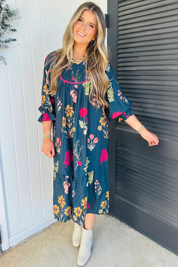Chic Blue Floral Print Gathered Neckline 7/8 Sleeve Casual Midi Dress