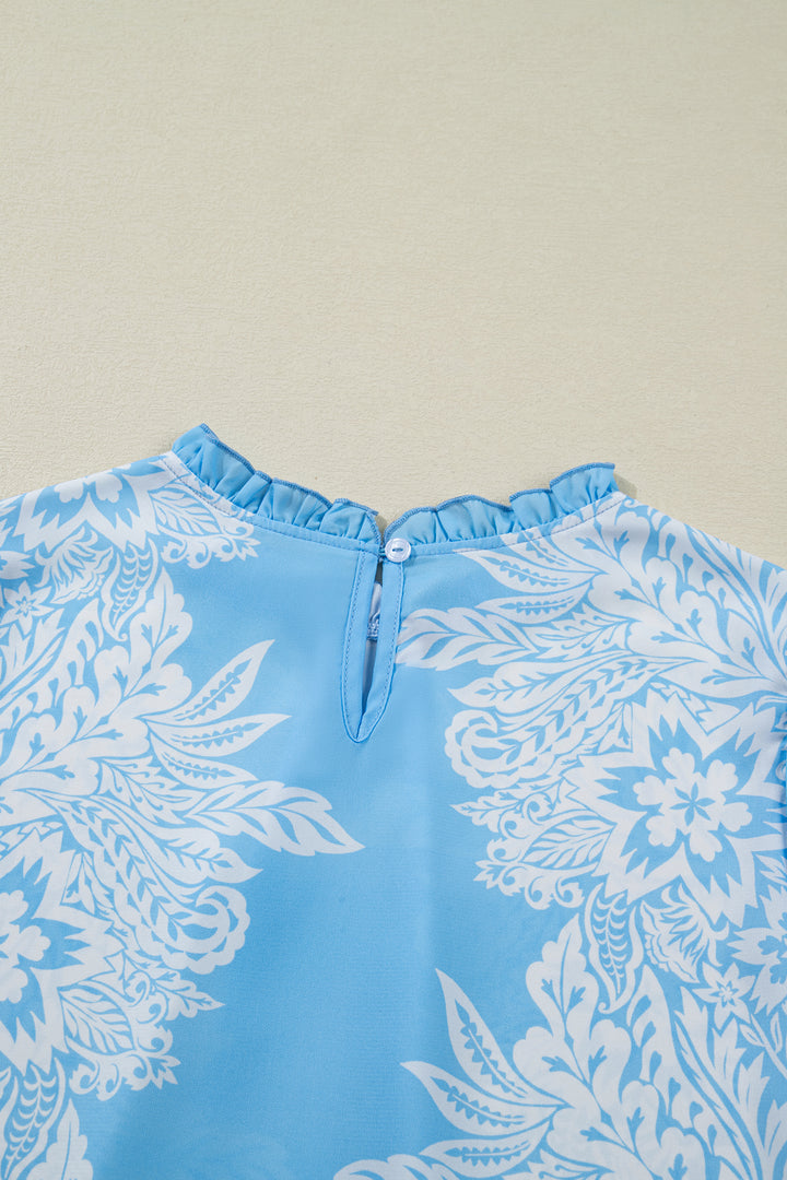 Ruffled Collar Puff Sleeve Flower Blouse