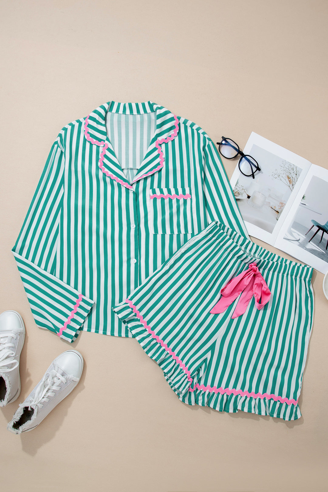 Green Stripe Contrast Ricrac Trim Long Sleeve Shirt Drawstring Ruffled Pajama Short Set