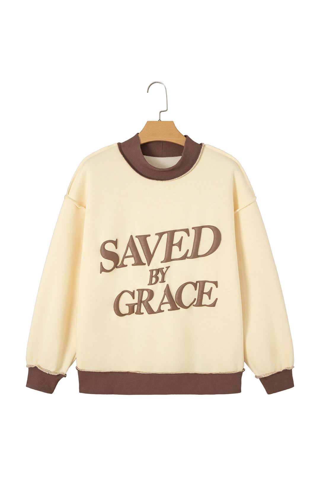Coffee Saved By Grace Print Color Block Mock Neck Oversized Sweatshirt