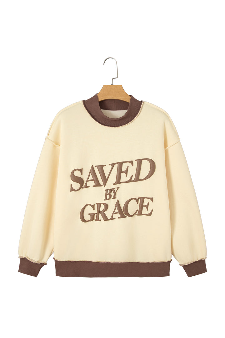 Coffee Saved By Grace Print Color Block Mock Neck Oversized Sweatshirt
