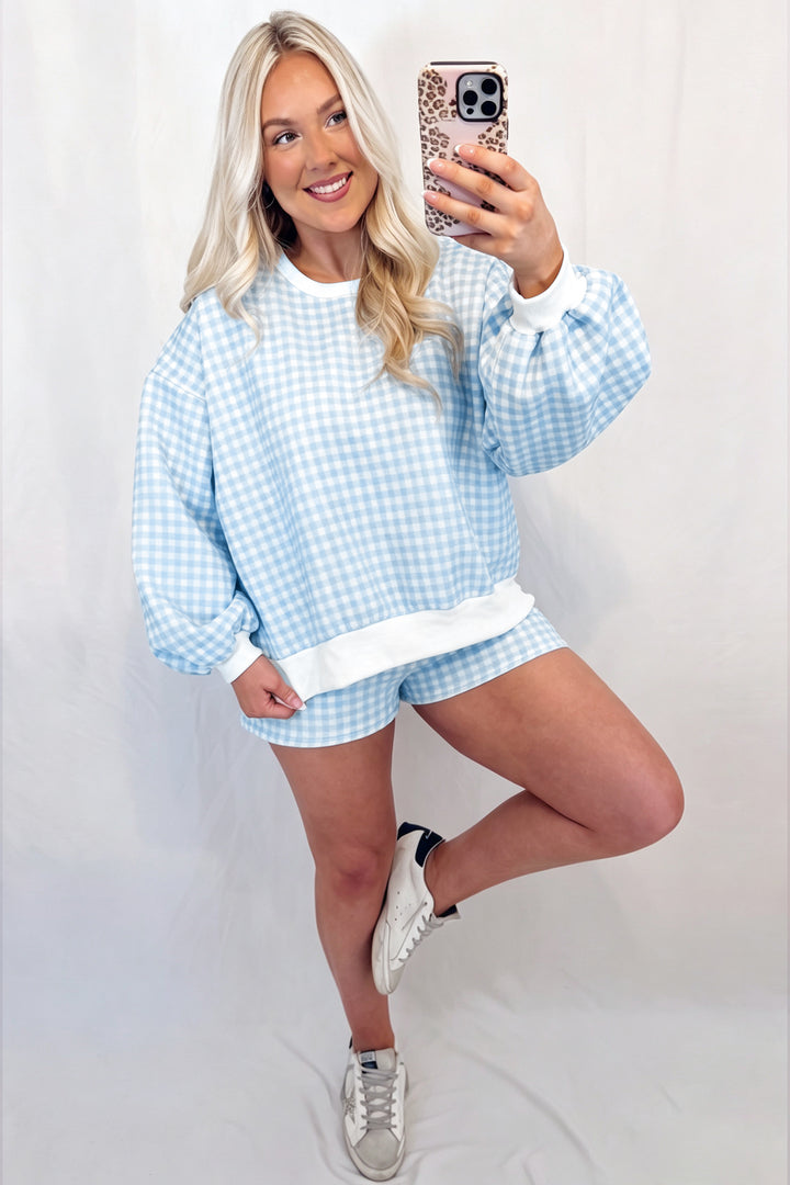 Sky Blue Plaid Baggy Pullover Drawstring Casual Shorts 2pcs Outfit