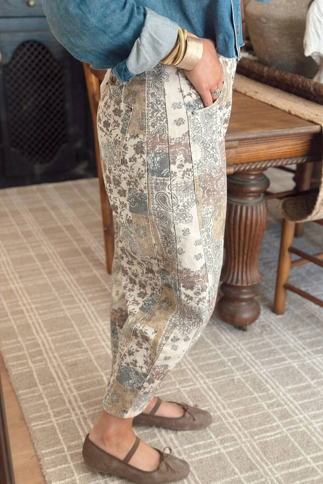 Multicolour Boho Floral Patchwork Western Print Straight Leg Ankle-Length Jeans