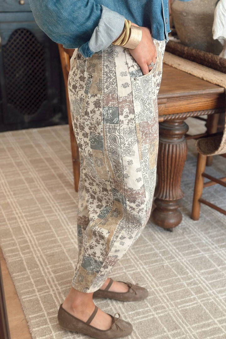 Multicolour Boho Floral Patchwork Western Print Straight Leg Ankle-Length Jeans